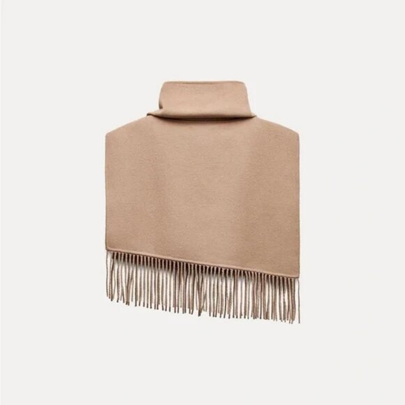 ZARA ASYMMETRICAL FRINGED WOOL BLEND CAPE - Picture 8 of 9